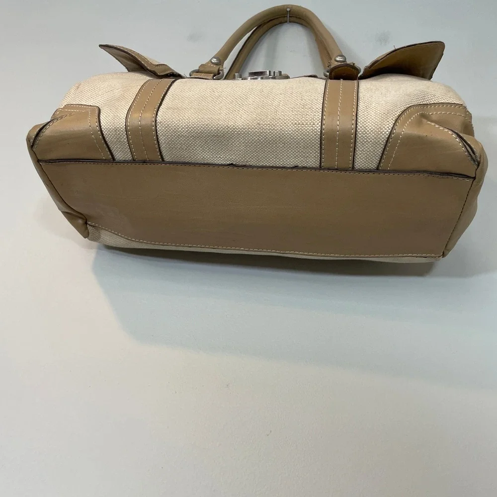 Etienne Aigner Jute Canvas and Leather Satchel Shoulder Bag Tan Beige Doctor Bag